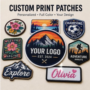 May include: A collection of custom print patches featuring various designs including a mountain landscape with the text YOUR LOGO EST. 2024, a football, a hiker, floral patterns, and the names Explore and Olivia with a heart icon.