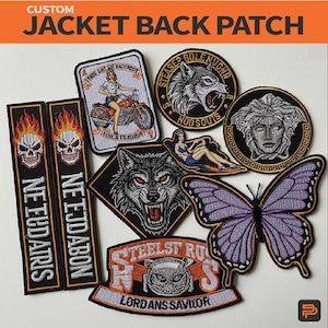 Puede incluir: Una colección de parches traseros personalizados para chaquetas con varios diseños. Los parches incluyen una calavera con llamas, una mujer en una motocicleta, un lobo, una mariposa y otros gráficos. Los parches son de varias formas y tamaños, con detalles bordados.