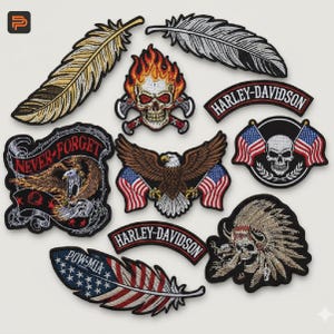 May include: A selection of embroidered patches with diverse designs. Features a flaming skull with axes, an eagle with American flags, and Harley-Davidson patches. Other patches depict feathers and a skull with a Native American headdress.