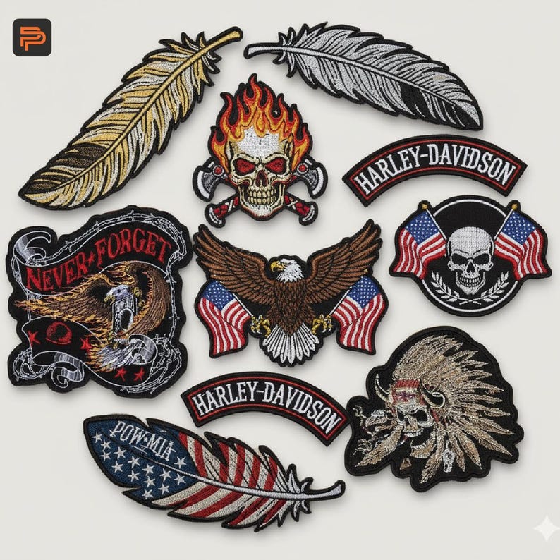 May include: A selection of embroidered patches with diverse designs. Features a flaming skull with axes, an eagle with American flags, and Harley-Davidson patches. Other patches depict feathers and a skull with a Native American headdress.