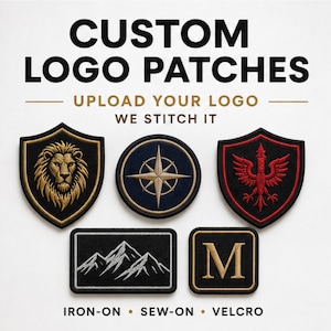 May include: Five embroidered patches with black backgrounds. Top row: a shield with a gold lion, a circle with a gold compass, and a shield with a red bird. Bottom row: a rectangle with white mountains and a square with a gold letter M. Text reads CUSTOM LOGO PATCHES, UPLOAD YOUR LOGO, WE STITCH IT, IRON-ON, SEW-ON, VELCRO.