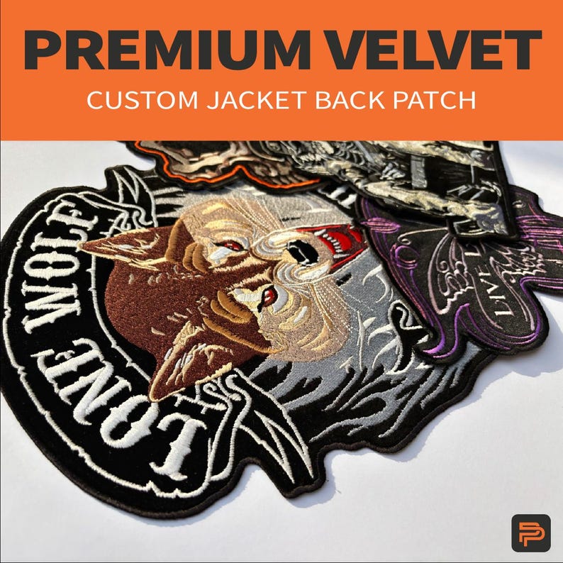 May include: Premium velvet custom jacket back patches. The patches feature detailed embroidered designs, including a wolf with red eyes, and the words "Lone Wolf". The patches are in various colours, including black, brown, grey, and purple.