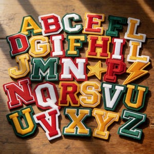 May include: A collection of embroidered varsity-style alphabet patches in red, yellow, white, and green. The set includes individual letters from A to Z, featuring bold block typography with contrasting borders, plus a single yellow star and lightning bolt.