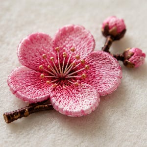 May include: An embroidered patch featuring a five-petaled pink cherry blossom flower with a dark red center and golden stamens. The design includes a brown stem with two small, unopened pink flower buds attached to the side of the main bloom.
