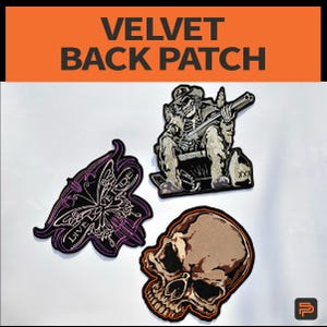 May include: Velvet back patches featuring a skull, a butterfly with "Live Love Ride" text, and a skeleton figure holding a shotgun. The patches have detailed embroidery and a velvet texture.