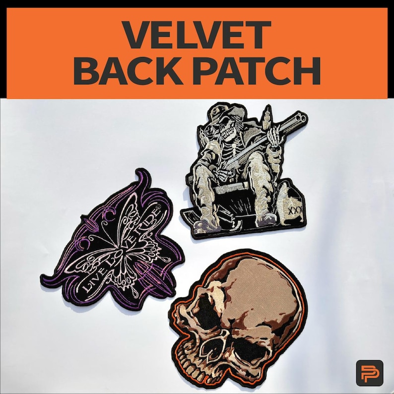May include: Velvet back patches featuring a skull, a butterfly with "Live Love Ride" text, and a skeleton figure holding a shotgun. The patches have detailed embroidery and a velvet texture.