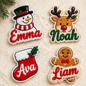 May include: Four embroidered Christmas ornaments featuring a snowman with the name Emma, a reindeer with the name Noah, a red stocking with the name Ava, and a gingerbread person with the name Liam, all with festive holiday details.