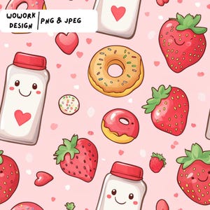 Kawaii Erdbeer Donut nahtlose digitales Muster | Niedliches Essen Design für Sticker & Geschenkpapier