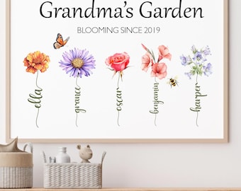 Personalized Grandma&#39;s Garden Birth Flower Print, Custom Family Names Wall Art,Birth Flower Bouquet, Mother&#39;s Day Gift, Digital Download