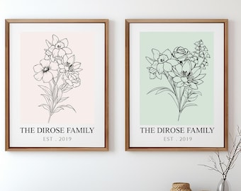 Personalized Birth Flower Bouquet Print,Custom Family Month Bouquet Line Art,Black And White Flower Art,Botanical Print,Mothers Day Gift