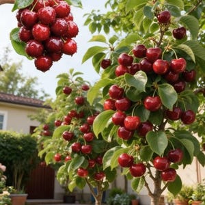 May include: A close-up of a cluster of ripe, red cherries held by a hand, with a backdrop of cherry trees laden with fruit. The cherries are a deep red color, glistening with moisture, and surrounded by green leaves. The trees are in an outdoor setting.