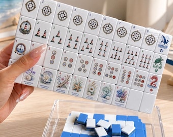 Ocean Breeze American Mahjong Set, 160 Acrylic Tiles UV Printed Coastal Beach Mahjong Game with Jokers & Blanks, Tropical Gift