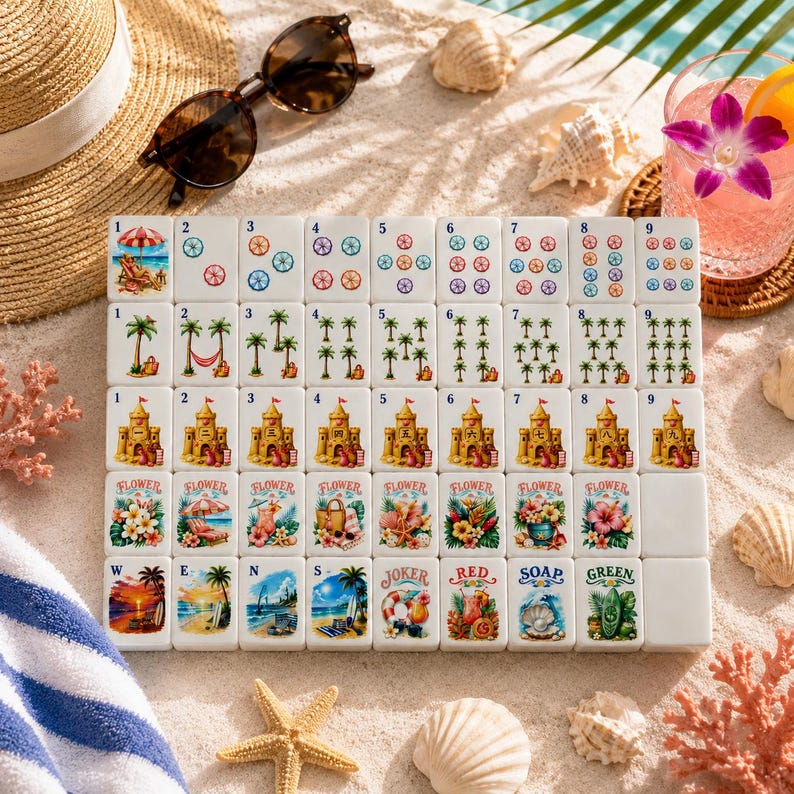 K&ouml;nnte beinhalten: Ein Strand-Themen-Mahjong-Set mit wei&szlig;en Spielsteinen mit farbenfrohen Illustrationen von Strandszenen, Blumen und Zahlen. Enth&auml;lt einen Strohhut, eine Sonnenbrille, Muscheln und einen Cocktail auf sandigem Untergrund.
