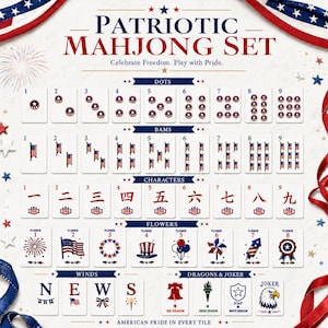 May include: A patriotic Mahjong set with red, white, and blue themed tiles. The set includes tiles with dots, bams, characters, flowers, winds, dragons, and jokers. Text on the tiles reads "American Pride in Every Tile."