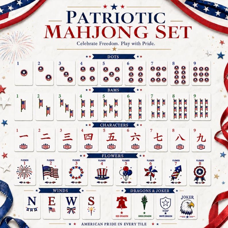 May include: A patriotic Mahjong set with red, white, and blue themed tiles. The set includes tiles with dots, bams, characters, flowers, winds, dragons, and jokers. Text on the tiles reads "American Pride in Every Tile."