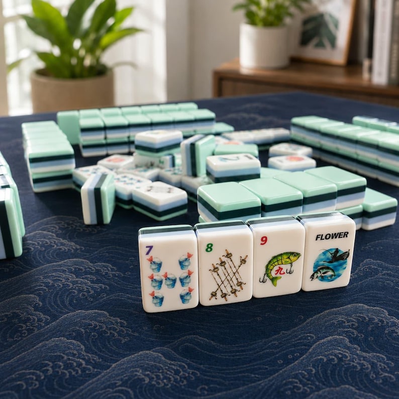May include: A set of Mahjong tiles in various stacks and arrangements. The tiles are primarily white with green, blue, and black accents. Some tiles display numbers and illustrations, including a fish and flowers. The game is set on a dark blue patterned surface.