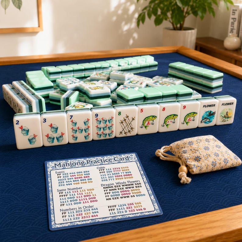 May include: A complete Mahjong set with green and white tiles, arranged on a blue surface. The tiles feature various symbols and numbers. A Mahjong Practice Card and a small floral drawstring bag are also present.