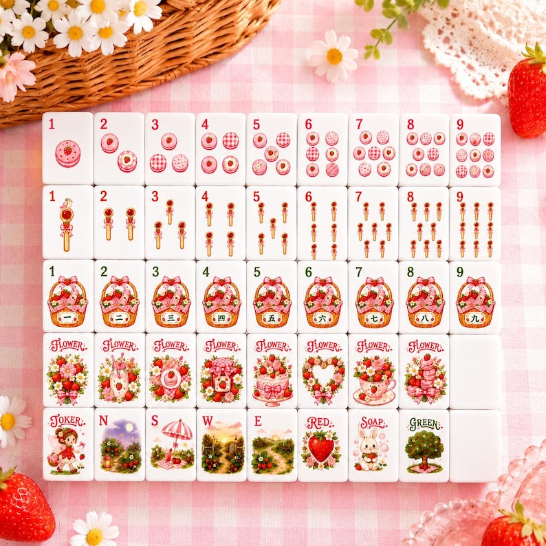 May include: A set of white mahjong tiles arranged in a grid, featuring pink and red strawberry-themed illustrations. The tiles display numbers one through nine, flower motifs, and special character tiles labelled Joker, N, S, W, E, Red, Soap, and Green.