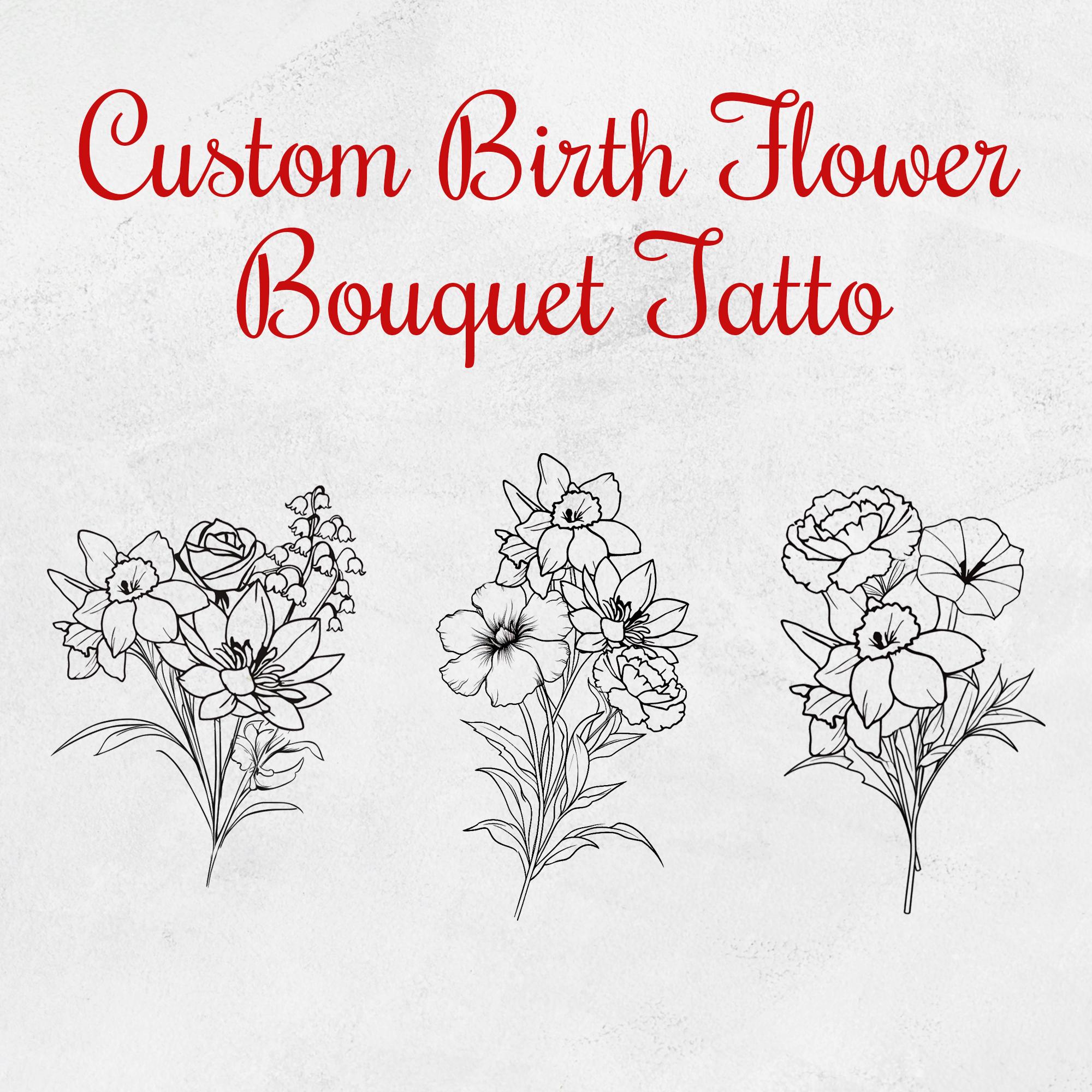 Custom Birth Flower Bouquet Tattoo Design, Personalized Floral Tattoo, Family Birth Month Flower, Up to 10 Flowers, Digital Download