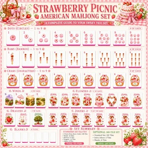 May include: A Strawberry Picnic American Mahjong set guide featuring rows of tiles labelled Dots, Bams, and Craks, plus Winds, Flowers, Dragons, and Jokers. The design includes pink and red strawberry illustrations, picnic baskets, and cakes.