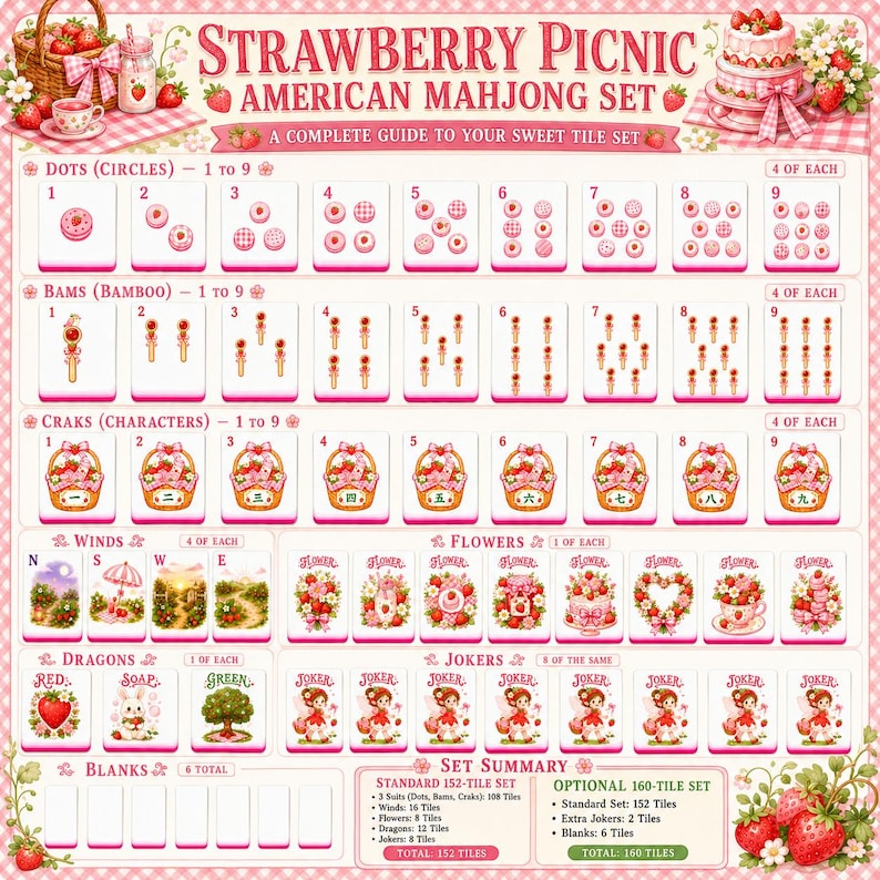 May include: A Strawberry Picnic American Mahjong set guide featuring rows of tiles labelled Dots, Bams, and Craks, plus Winds, Flowers, Dragons, and Jokers. The design includes pink and red strawberry illustrations, picnic baskets, and cakes.