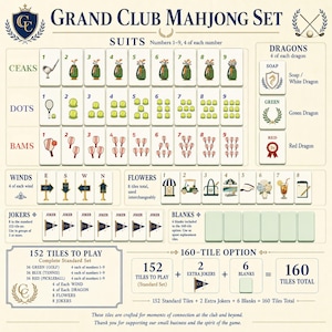 May include: Detailed diagram of a Grand Club Mahjong Set, featuring suits, numbers, and dragon tiles. Includes 152 and 160-tile options, with details on Jokers, Blanks, and tile distribution. Text includes "Grand Club Mahjong Set".