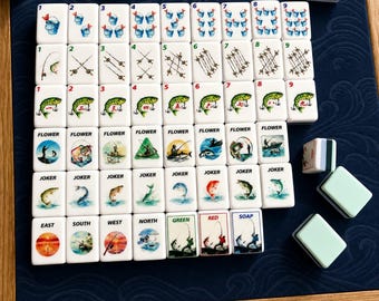 American Mahjong Set 160 Tiles, Acrylic UV Printed Fishing Mahjong Game with Jokers & Blanks, Unique Gift for Fishermen Cabin