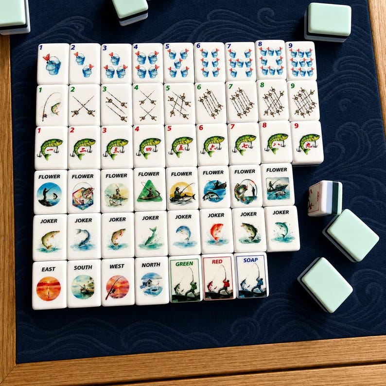 May include: A complete Mahjong set with white tiles featuring various illustrations, including fish, fishing rods, and directional symbols. The set includes green and white dice and is arranged on a blue surface.