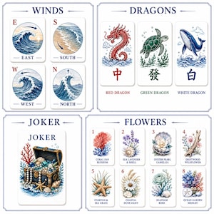 May include: A set of Mahjong tiles featuring four sections: Winds with ocean wave illustrations, Dragons with red, green, and white mythical creatures, a Joker tile showing a treasure chest filled with pearls, and eight Flower tiles with various coastal botanical designs.