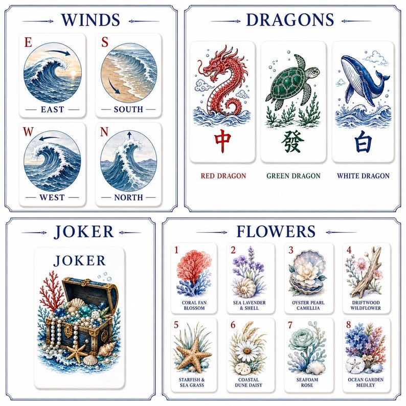 May include: A set of Mahjong tiles featuring four sections: Winds with ocean wave illustrations, Dragons with red, green, and white mythical creatures, a Joker tile showing a treasure chest filled with pearls, and eight Flower tiles with various coastal botanical designs.