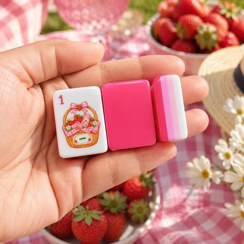 May include: Three rectangular mahjong tiles held in a palm. The first tile is white with a graphic of a strawberry basket and the number 1. The second tile is solid hot pink. The third tile features vertical stripes of hot pink, light pink, and white.