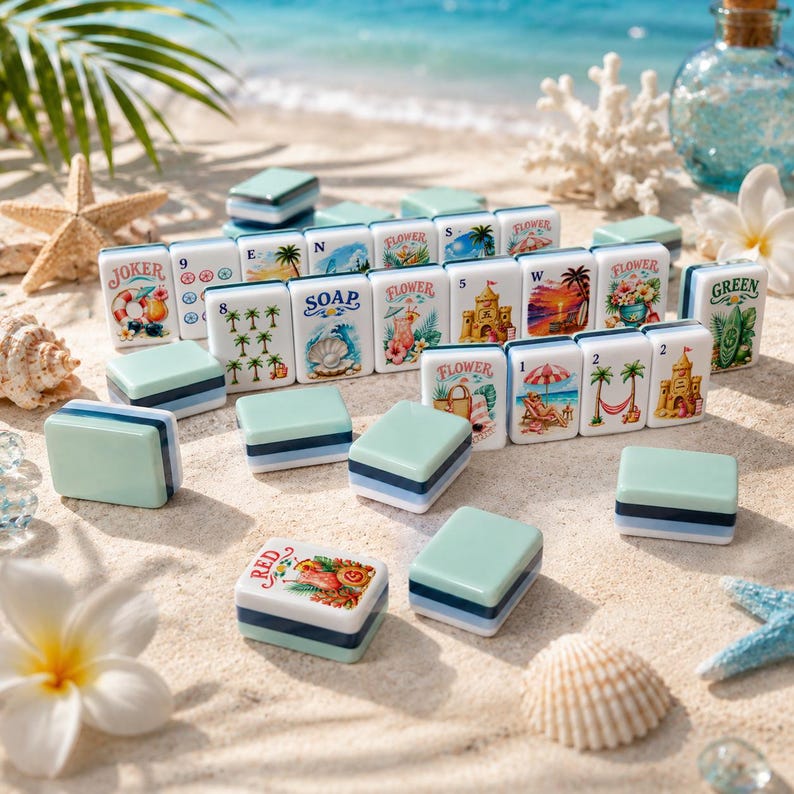 K&ouml;nnte beinhalten: Eine Sammlung dekorativer Mahjong-Steine und passender Boxen mit Strandmotiven. Die Steine zeigen Bilder von Blumen, Palmen und Strandszenen. Die Boxen sind hellgr&uuml;n mit blauen Streifen. Der Hintergrund zeigt Sand, Muscheln und Meer.