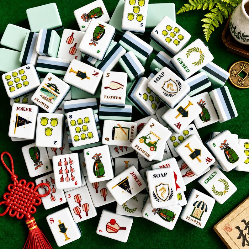 Pode incluir: Uma cole&ccedil;&atilde;o de pe&ccedil;as brancas de mahjong com v&aacute;rias ilustra&ccedil;&otilde;es coloridas, incluindo sacos de golfe, tacos, motivos florais e o texto SOAP, JOKER e FLOWER. As pe&ccedil;as est&atilde;o espalhadas sobre uma superf&iacute;cie verde com uma borla decorativa vermelha.
