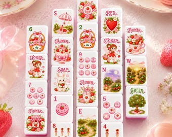 Strawberry Picnic American Mahjong Set, Pink Sweet Berry Mahjong Game, 152 o 160 Tiles, Cute Mahjong Gift, Feminine American Mahjong Tiles