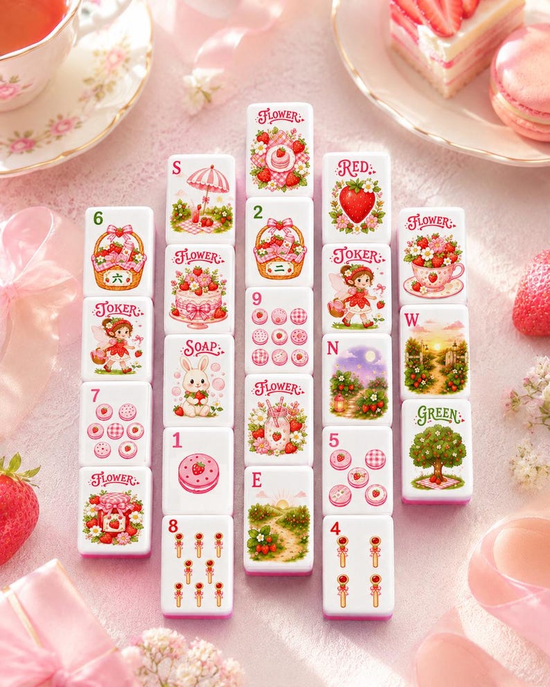 May include: A set of white mahjong tiles arranged in a grid, each featuring colourful illustrations of strawberries, flowers, cakes, and whimsical characters. The tiles include text labels such as Flower, Red, Green, Joker, Soap, and various numbers and letters.
