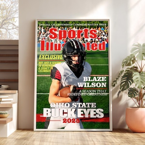 Copertina personalizzata per riviste sportive, ritratto sportivo di una scuola superiore, grafica per riviste sportive, regali personalizzati, poster stampabili di football americano e baseball