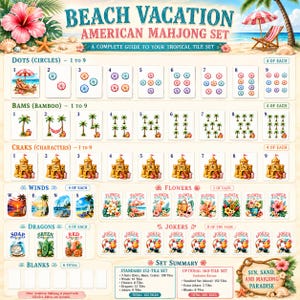 K&ouml;nnte beinhalten: Ein vollst&auml;ndiger Leitfaden f&uuml;r ein amerikanisches Mahjong-Set mit Strandurlaub-Thema. Das Set enth&auml;lt Spielsteine mit Punkten, Bambus, Zeichen, Winden, Blumen, Jokern und Leerzeichen. Das Set hat 152 Spielsteine.