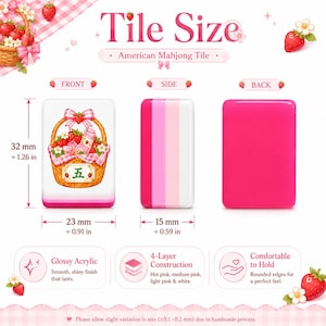 May include: An American Mahjong tile with a strawberry basket illustration on the front, featuring the Chinese character for five. The tile measures 32 mm by 23 mm by 15 mm and has a four-layer construction of hot pink, medium pink, light pink, and white.