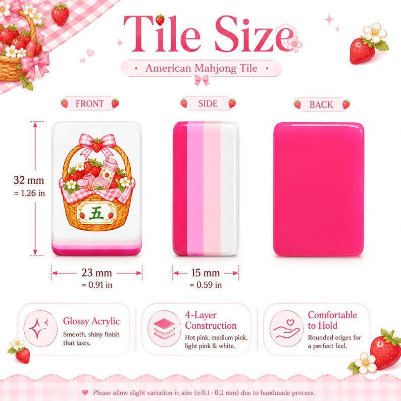May include: An American Mahjong tile with a strawberry basket illustration on the front, featuring the Chinese character for five. The tile measures 32 mm by 23 mm by 15 mm and has a four-layer construction of hot pink, medium pink, light pink, and white.
