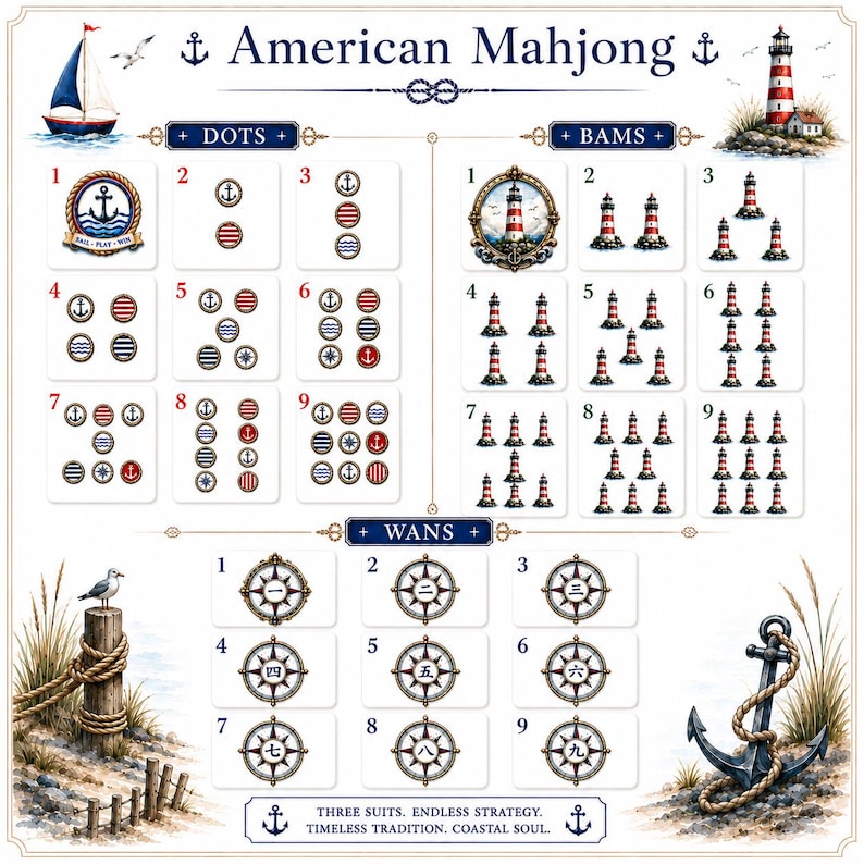 May include: An American Mahjong reference chart featuring nautical illustrations of a sailboat, lighthouse, and anchor. The grid displays three suits labeled Dots, Bams, and Wans, with numbered tiles showing anchors, lighthouses, and compass designs.