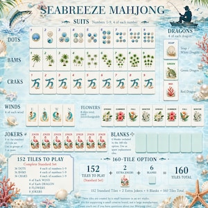 May include: A detailed illustration of a Seabreeze Mahjong set, featuring tiles with various suits, including Dots, Bams, Craks, Winds, Flowers, Jokers, and Blanks. The set includes 152 tiles, with an option for 160 tiles. The design incorporates aquatic elements.