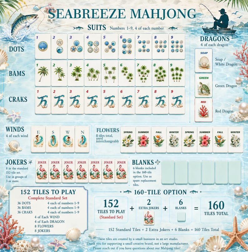 May include: A detailed illustration of a Seabreeze Mahjong set, featuring tiles with various suits, including Dots, Bams, Craks, Winds, Flowers, Jokers, and Blanks. The set includes 152 tiles, with an option for 160 tiles. The design incorporates aquatic elements.