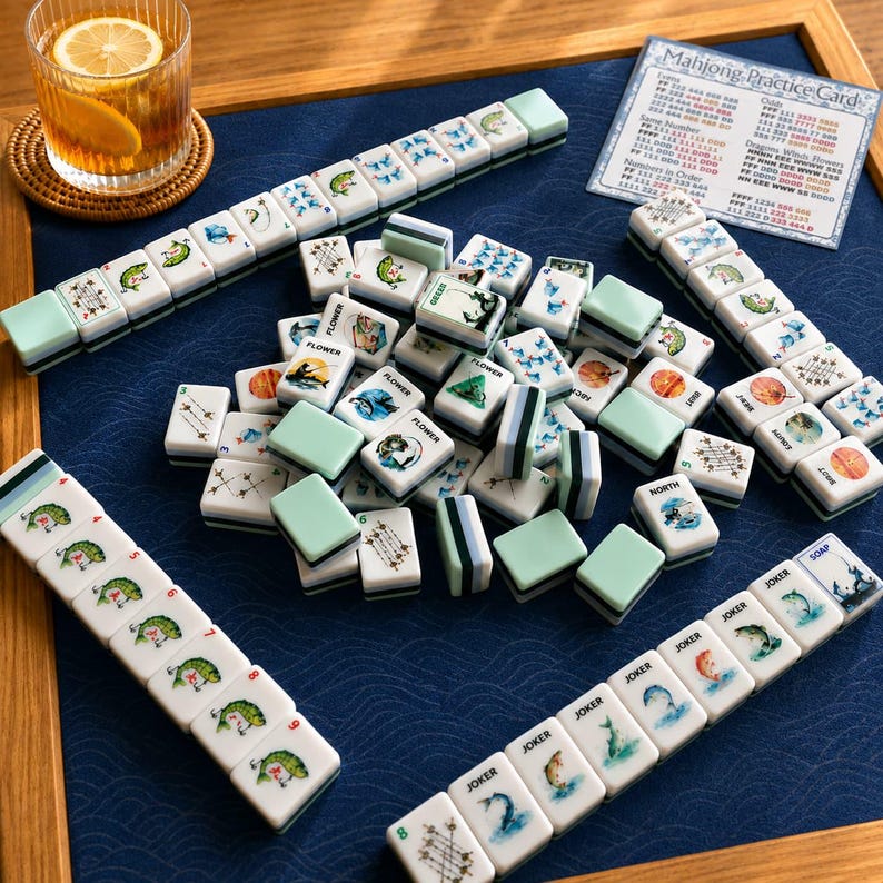May include: A complete Mahjong set with white tiles featuring various illustrations and symbols. The set includes green-edged tiles, a blue playing surface, and a drink with a lemon slice. A Mahjong Practice Card is also visible.