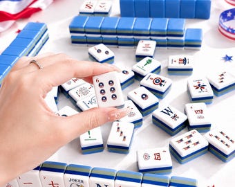 Patriotic American Mahjong Set 160 Tiles, USA Theme Acrylic Mahjong Game, 4th of July Tiles with 10 Jokers, 6 Blanks, Gift Set