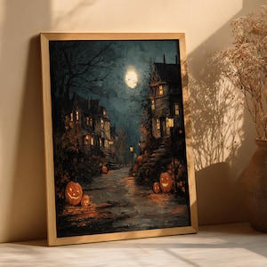 Haunted House Landscape Oil Painting, Spooky Halloween Print, Pumpkin Street Fall Decor, Halloween Wall Art, Ghostly Manor, Halloween Poster