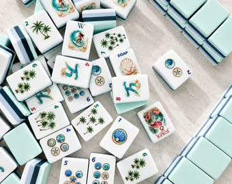 Ocean Breeze American Mahjong-set, 160 acryltegels UV-geprint Coastal Beach Mahjong-spel met jokers en blanks, tropisch cadeau