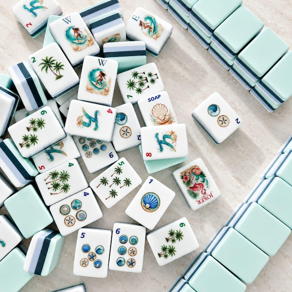 Ocean Breeze American Mahjong Set, 160 Acrylic Tiles UV Printed Coastal Beach Mahjong Game with Jokers & Blanks, Tropical Gift