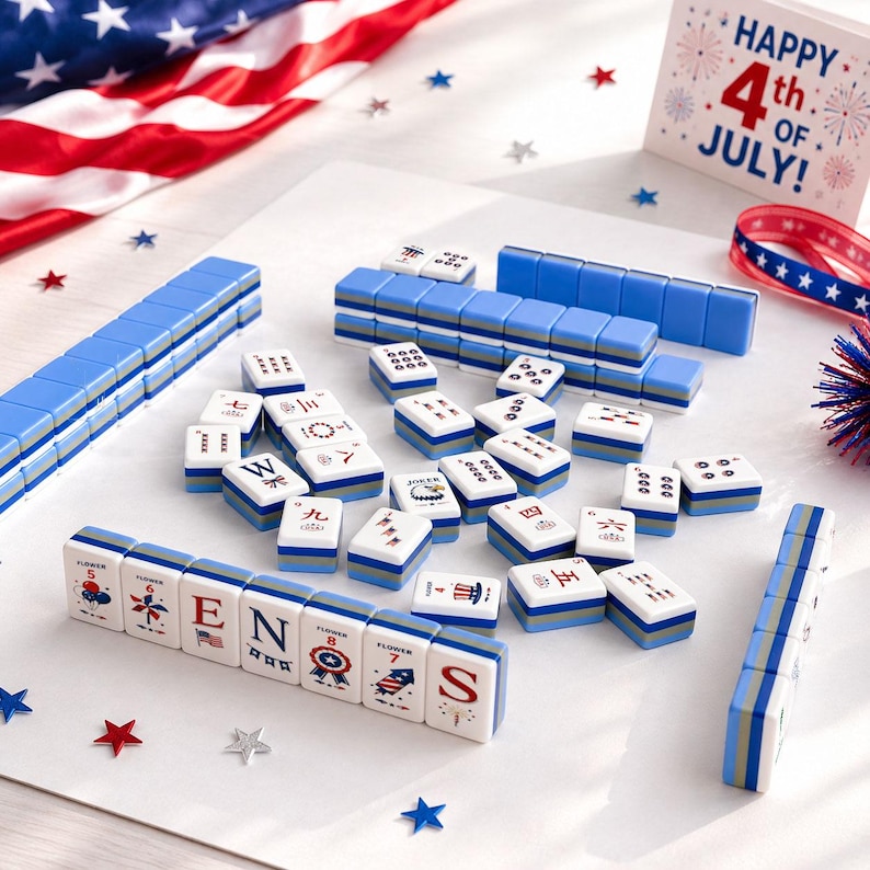 May include: A Mahjong set with blue and white tiles, arranged on a white surface with an American flag and festive decorations. The tiles feature various symbols and characters, with some spelling out "ENS". A "Happy 4th of July!" sign is also present.