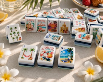 Beach Vacation American Mahjong Set, Tropical Beach Mahjong Tiles, Acrylic UV Print Mahjong Game, Coastal Summer Mahjong Gift, 152/160 Tiles
