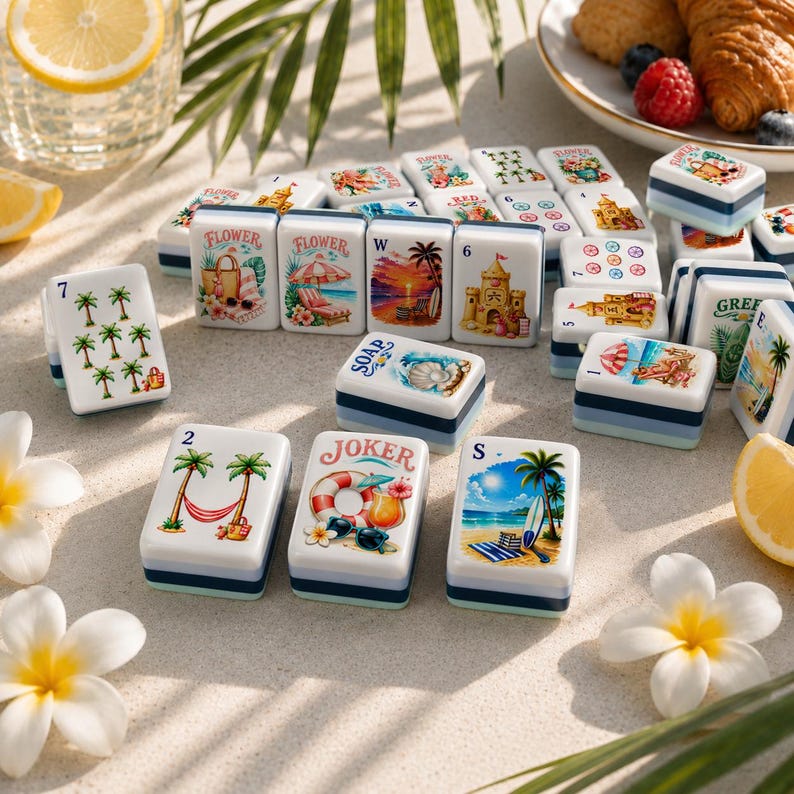 K&ouml;nnte beinhalten: Ein Satz dekorativer Mahjong-Steine mit Strandmotiven. Die Steine zeigen Bilder von Palmen, Strandszenen und tropischen Elementen. Die Steine sind wei&szlig; mit blauen und hellblauen Akzenten.